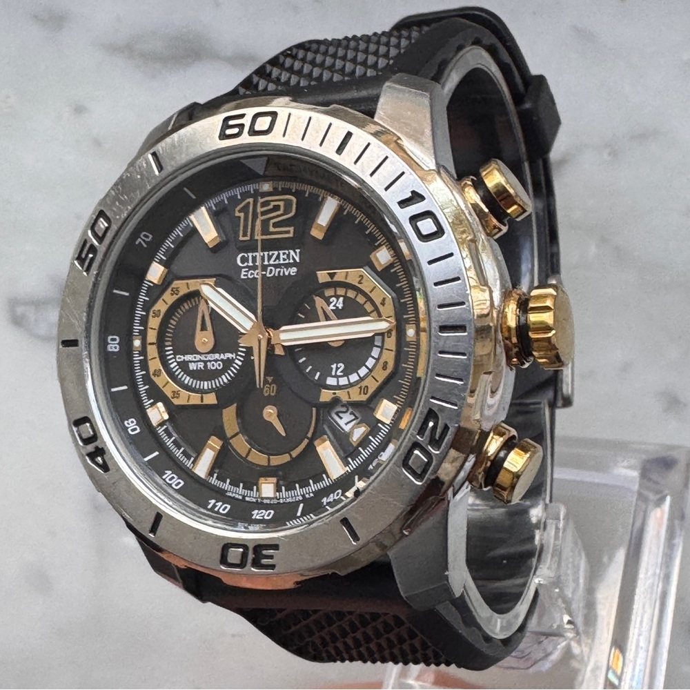 Citizen Eco Drive B620 Chronograph Watch • Black Dial • New Rubber Strap - Picture 4 of 12